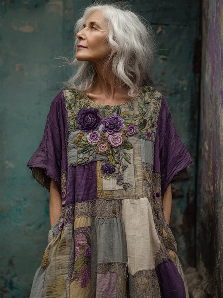 Luna™ | Vintage Patchwork Boho Dress with Floral Embroidery