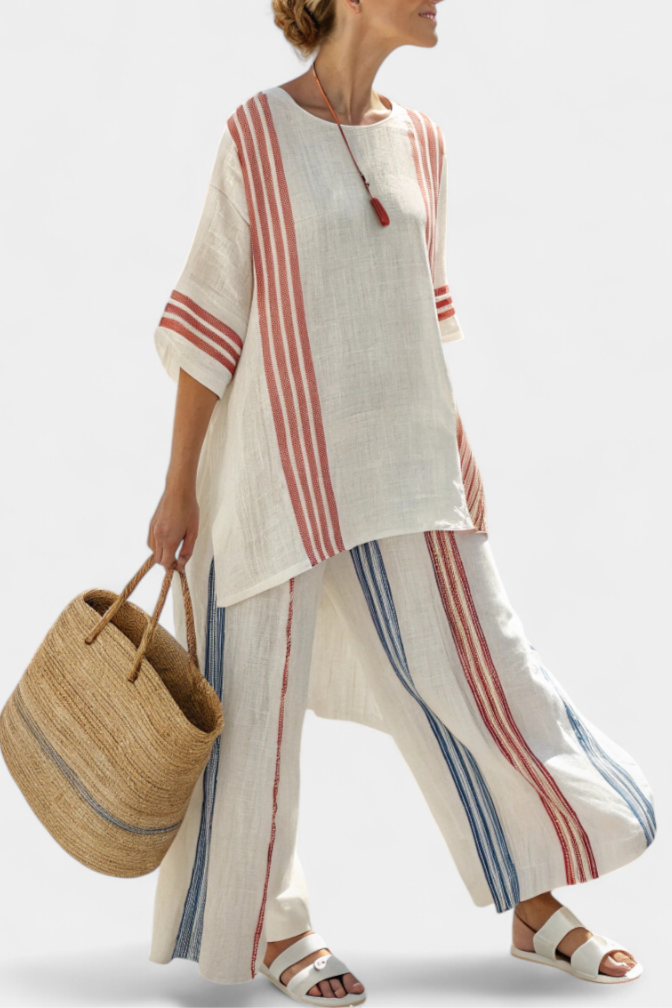 Solvane | Sophisticated Multicolor Striped Top & Mediterranean Pants ...