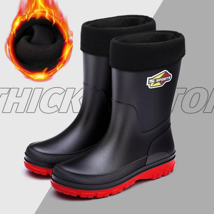 Men's Mid-Calf Rain Boots Pure Black Waterproof Slip-On Shoes Anti-Slip Large Size 39-48 Fishing Boots Environmental Protection