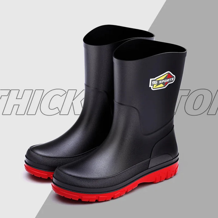 Men's Mid-Calf Rain Boots Pure Black Waterproof Slip-On Shoes Anti-Slip Large Size 39-48 Fishing Boots Environmental Protection