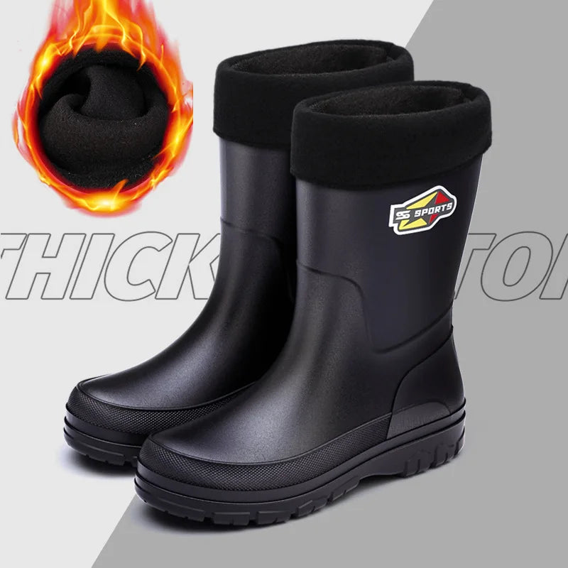Men's Mid-Calf Rain Boots Pure Black Waterproof Slip-On Shoes Anti-Slip Large Size 39-48 Fishing Boots Environmental Protection