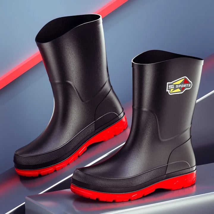 Men's Mid-Calf Rain Boots Pure Black Waterproof Slip-On Shoes Anti-Slip Large Size 39-48 Fishing Boots Environmental Protection
