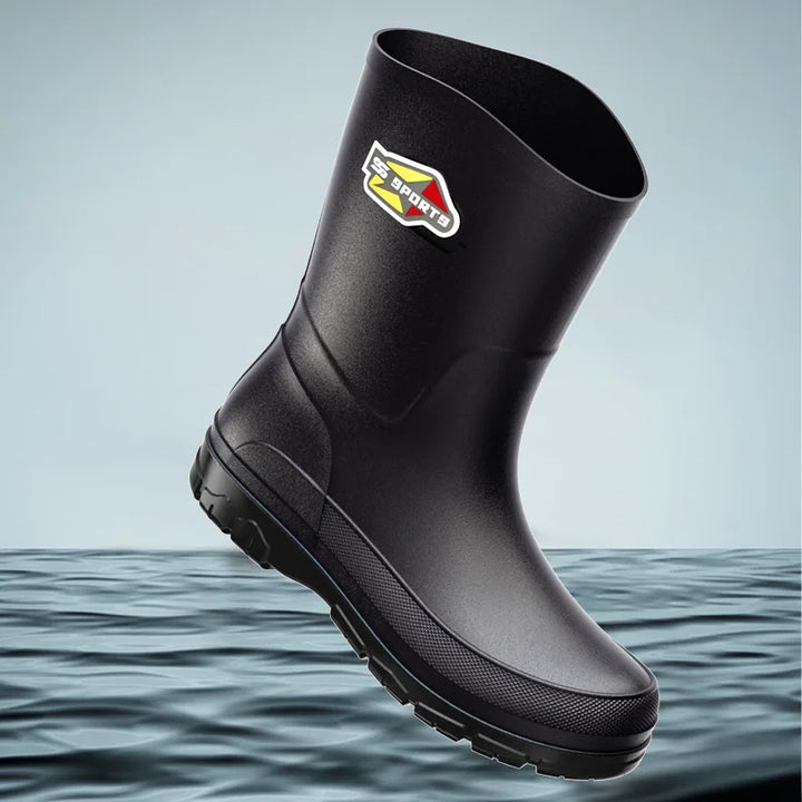 Men's Mid-Calf Rain Boots Pure Black Waterproof Slip-On Shoes Anti-Slip Large Size 39-48 Fishing Boots Environmental Protection