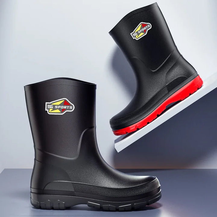 Men's Mid-Calf Rain Boots Pure Black Waterproof Slip-On Shoes Anti-Slip Large Size 39-48 Fishing Boots Environmental Protection