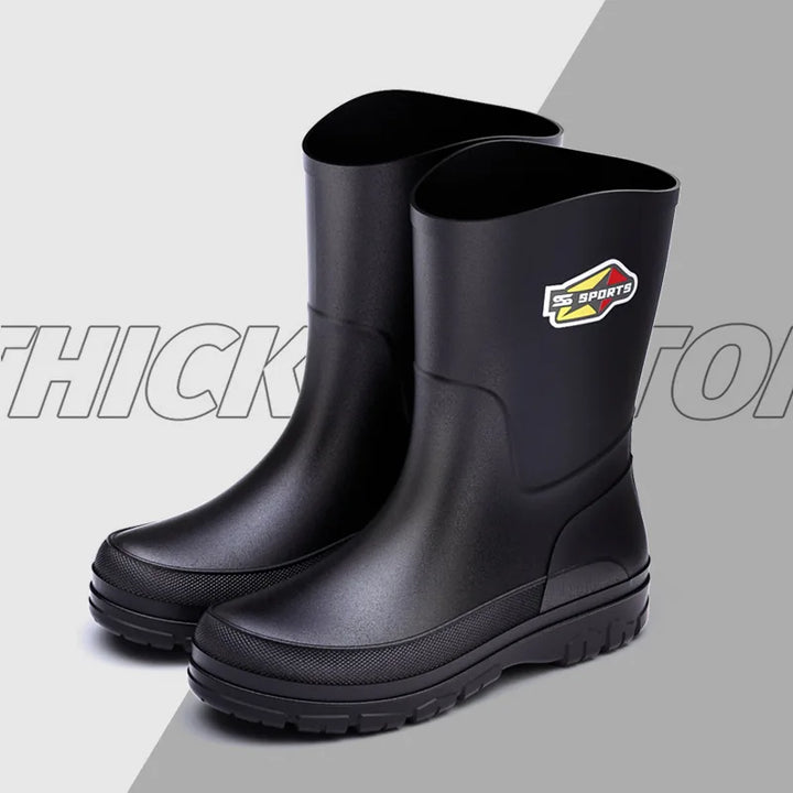 Men's Mid-Calf Rain Boots Pure Black Waterproof Slip-On Shoes Anti-Slip Large Size 39-48 Fishing Boots Environmental Protection
