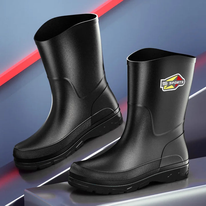 Men's Mid-Calf Rain Boots Pure Black Waterproof Slip-On Shoes Anti-Slip Large Size 39-48 Fishing Boots Environmental Protection