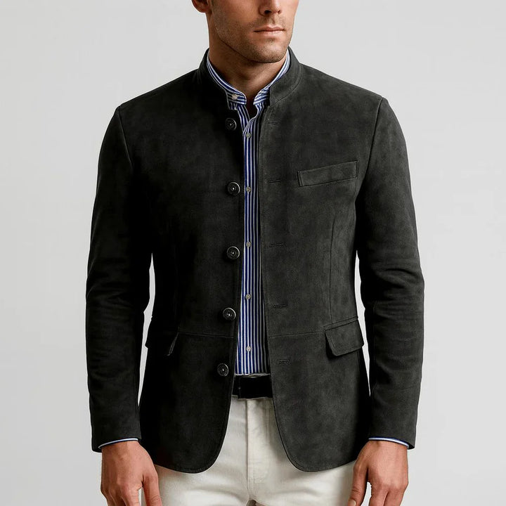 Suede Blazer with Mandarin Collar