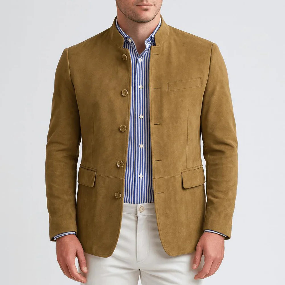 Suede Blazer with Mandarin Collar