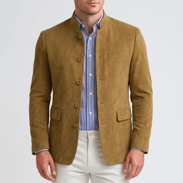 Suede Blazer with Mandarin Collar