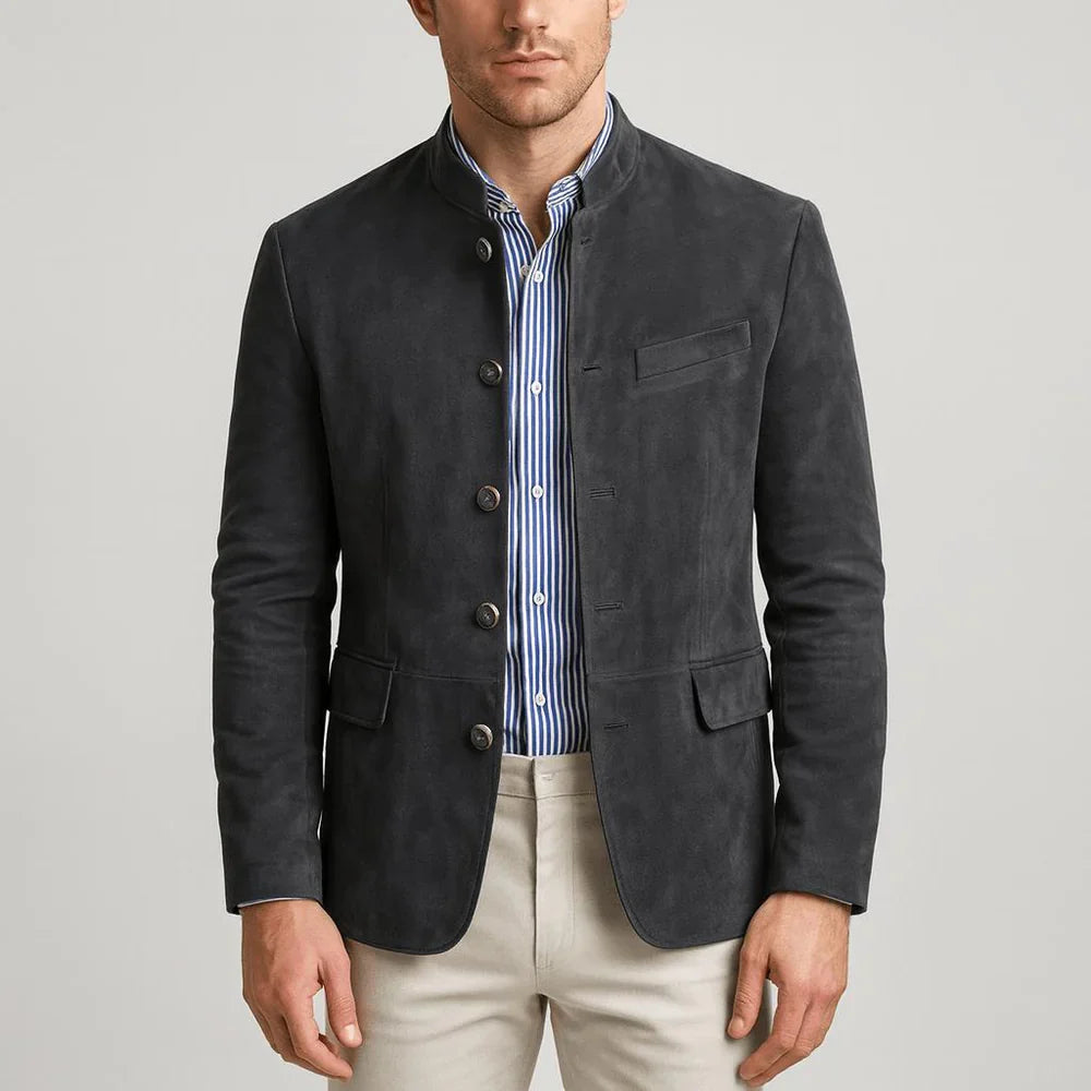 Suede Blazer with Mandarin Collar