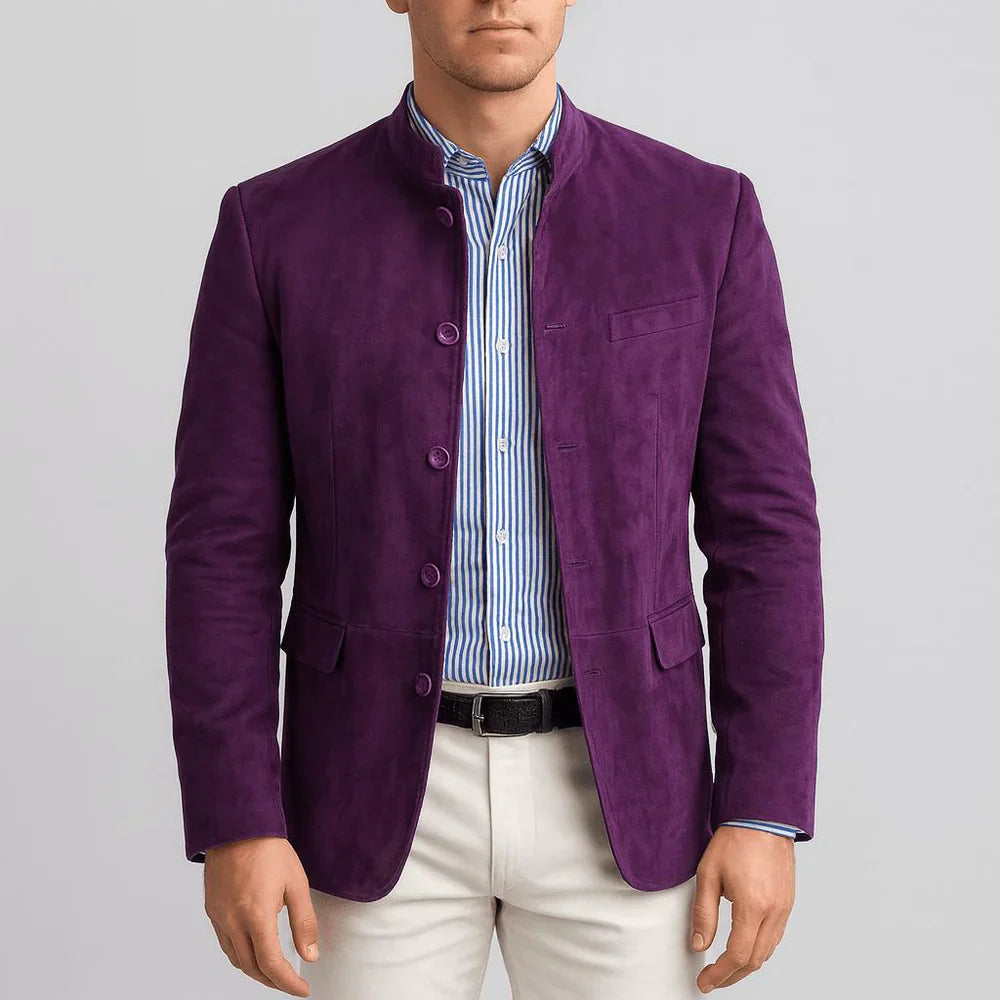 Suede Blazer with Mandarin Collar