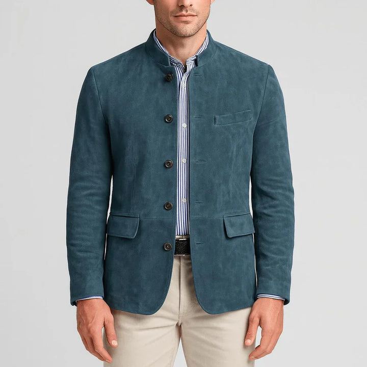 Suede Blazer with Mandarin Collar