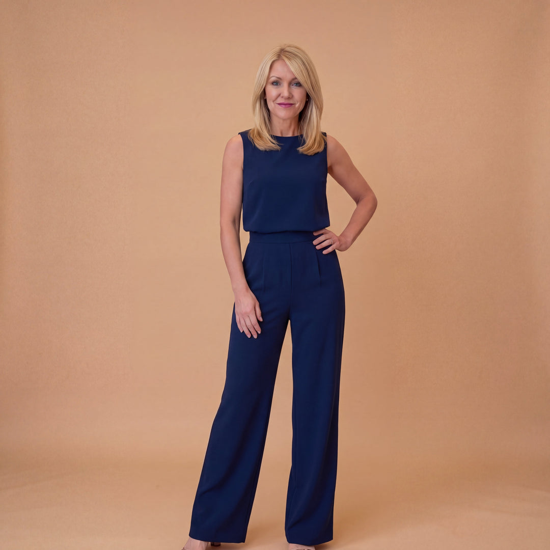 Wide Leg Jumpsuit – Round Neck Mid-Waist Fit for Elegant Styling